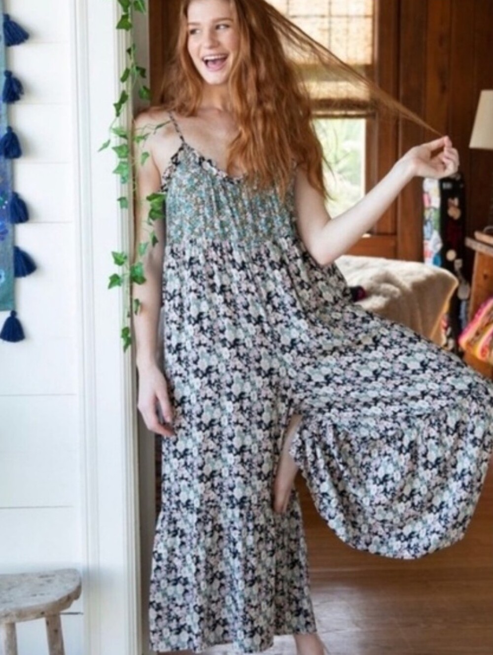 Natural Life Oversized Palazzo Floral Boho Lightweight Jumpsuit Pockets Medium